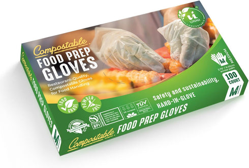 UNNI Compostable Food Prep Gloves, 100 Count, Medium, Powder-Free, Earth Friendly, Restaurant-Quality, Certified