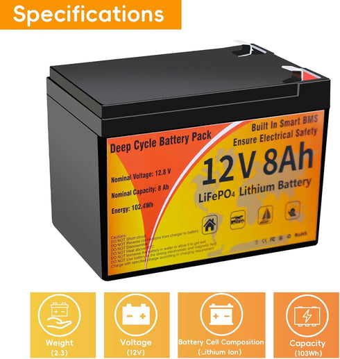 Kingboss 12V 8AH LiFePO4 31 100A 8000+ 1280Wh IP65 (12V 8Ah) Battery, Group Lithium Battery Built-in BMS Deep Cycles