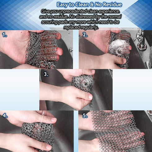 Washieldz Stainless-Steel Cast Iron Skillet Cleaner, Premium Chainmail Scrubber with Hanging Ring 6"x8" Square (Pack of