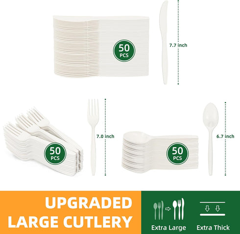100% Compostable Cutlery Set,150pcs (50 Forks,50 Spoons,50 Knives) Disposable Cornstarch Utensils Heavy Duty BPI Certified Eco-Friendly Party Supplies No Plastic, Ivory White by FEHHTO