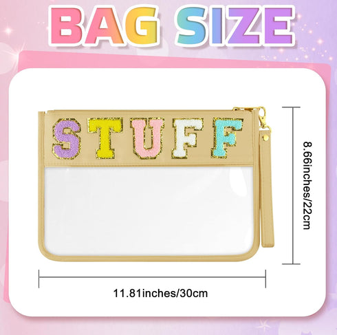 Morcheiong Chenille Letter Bag, Cute Clear Zipper Cosmetic Bag, Portable Multi-purpose Makeup Pouch for Travel (Beige)