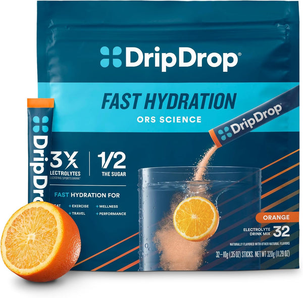 DripDrop Hydration - Orange, Electrolyte Drink Mix, Non-GMO, Gluten Free, Vegan, 32 Sticks