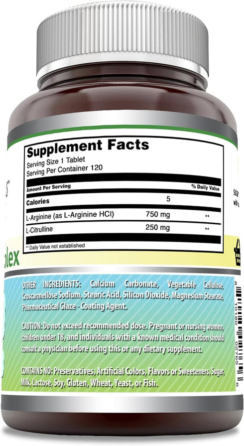 Amazing Formulas L-Arginine/L-Citrulline Complex 1000mg, 120 Tablets Supplement, Non-GMO, Gluten Free