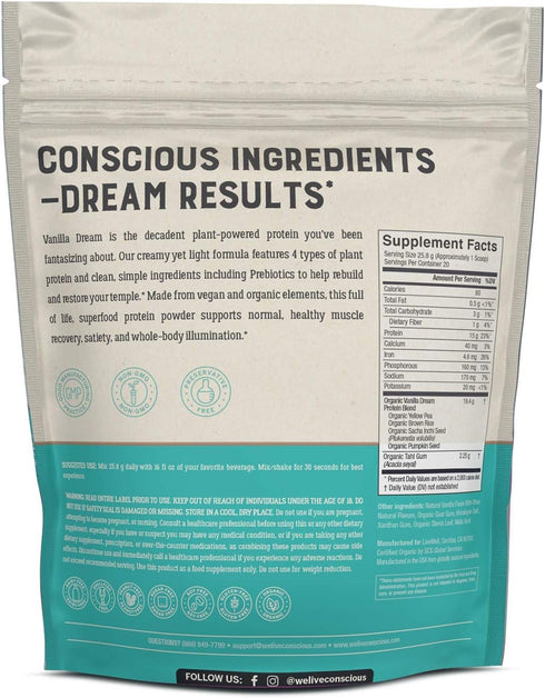 Live Conscious Organic Pea Protein Powder - Vanilla Dream Flavor - 20 Servings, Plant-Based Vegan Protein Blend
