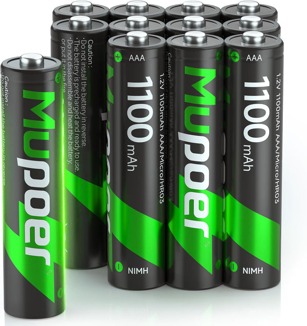 Rechargeable AAA Batteries (12 Counts), Ni-MH 1100mAh Pre-Charged, Long-Lasting Triple A Batteries