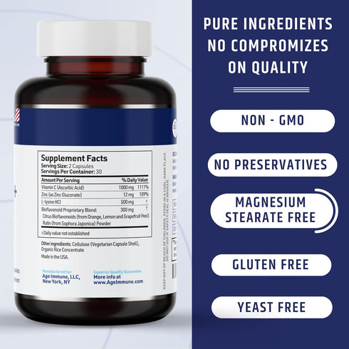 Vitamin C 1000mg Complex with L-Lysine 500mg, Zinc Gluconate 12mg, Bioflavonoids 300mg, Doctor Formulated Supplements