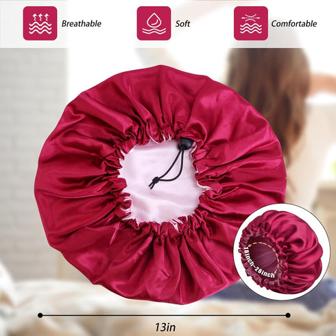 Satin Silk Bonnet for Curly Hair - Large Double-Layer Adjustable Braid Bonnet for Sleeping, Wine Red
