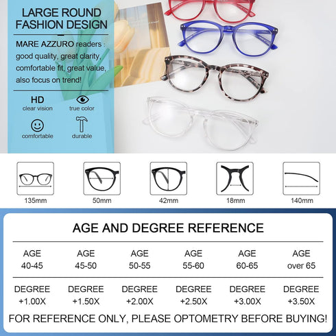 MARE AZZURO Reading Glasses 3.50 - Trendy Durable Readers for Large Women