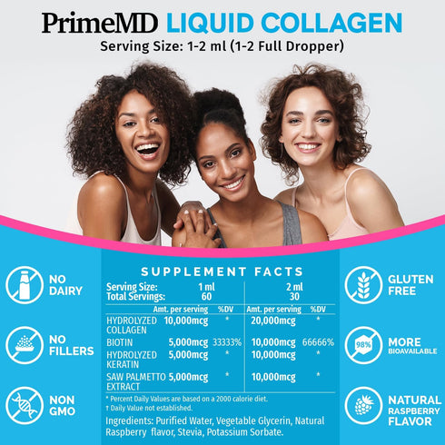 Liquid Collagen Peptides for Women - Complex with Biotin Vitamin, Hydrolyzed Keratin Protein & Saw Palmetto - 2fl oz