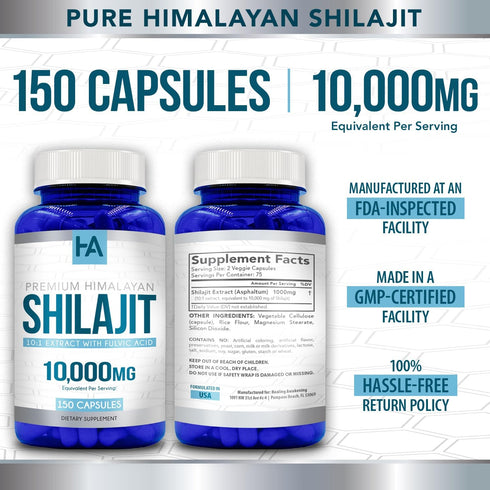 Premium Shilajit Capsules 10,000mg (150 Capsules) - Non-GMO & Gluten Free
