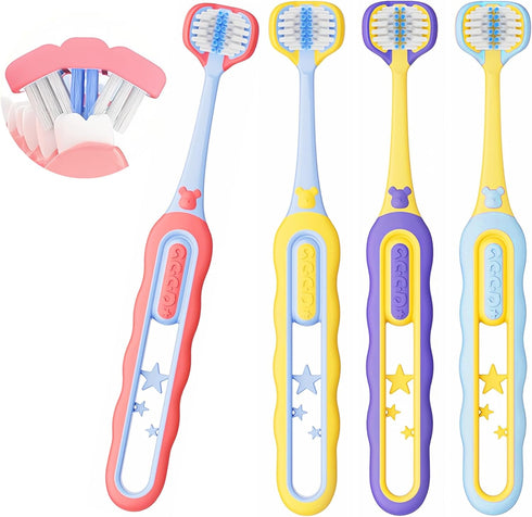 PANIMOSI Toddler Toothbrush 4 Pack, Soft Baby Toothbrush Efficient 3 Sided Kids Tooth