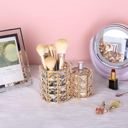 Hipiwe Makeup Brush Holder, Gold Bling Crystal Organizer for Brushes, Remote Control, and Cosmetic Tools, 2-Slot