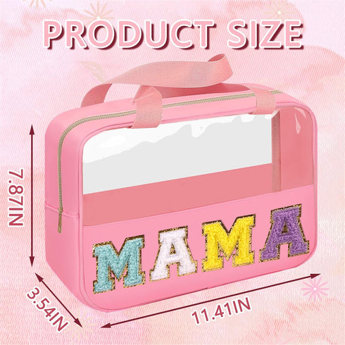 Iqimott Chenille Letter Patch Mama Bag, Preppy Clear Makeup Cosmetic Bag Large Toiletry Storage Tote Bag with Handle, Transparent Nylon Waterproof Organizer Zipper Pouch for Travel Women Girls(Pink)