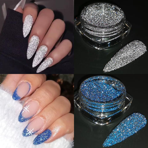 Reflective Glitter Powder Set, 8 Colors Sparkle Diamond Nail Glitter Dust, Silver Pink Purple Green Loose Nail Supplies