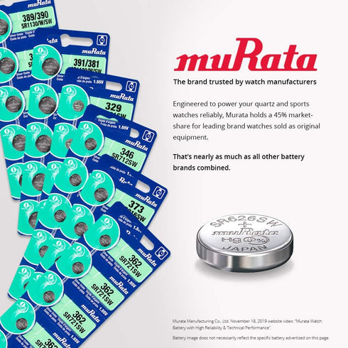 Murata 373 SR916SW 1.55V (10 Battery Silver Oxide Watch Button Cell Batteries)