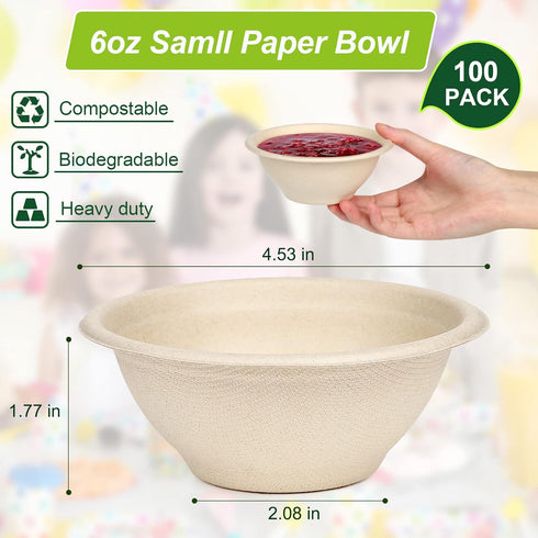 6 oz Small Disposable Bowls, 100 Pack Compostable Paper Bowls for Condiments, Sauces, Ice Cream, Biodegradable