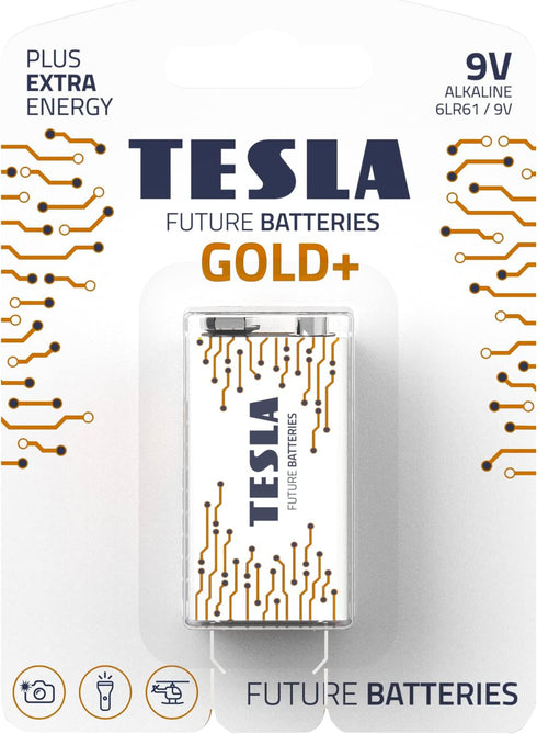 TESLA BATTERIES 9V GOLD+ (6LR61 / BLISTER FOIL 1 PC), Maximum Power Alkaline Batteries, 10 Year Shelf Life