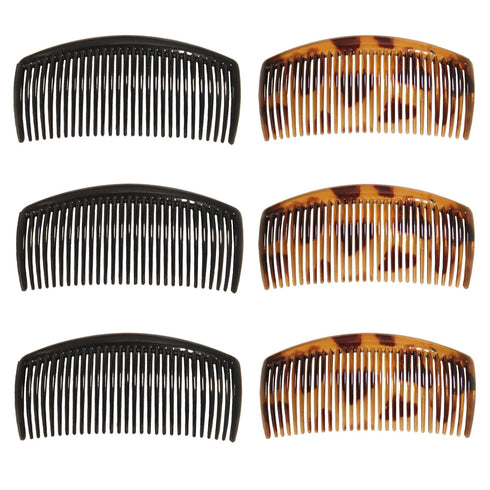 Furling Pompoms Pack of 6 Plastic Side Hair Combs, Wide Tooth Comb for Curly Hair (Coffee, Black)