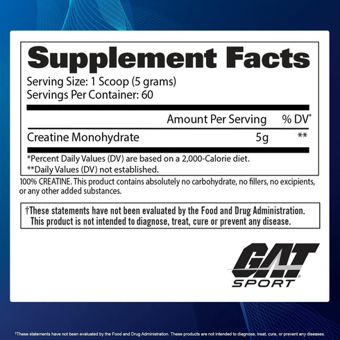 GAT SPORT Creatine Monohydrate Powder - Strength, Brain Health, Endurance, Unflavored (300g)