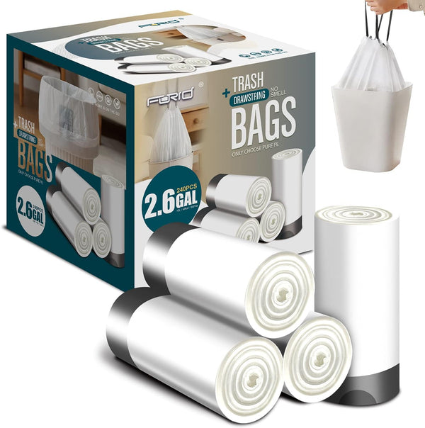 FORID Small Drawstring Trash Bags, 2.6 Gallon White, 240 Count, Durable & Thick Bags for Multipurpose Use