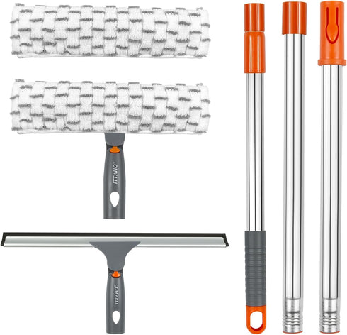 ITTAHO Squeegee for Window Cleaning, 12" Squeegee and 11" Microfiber Scrubber Combo with Extendable Stainless Steel Pole