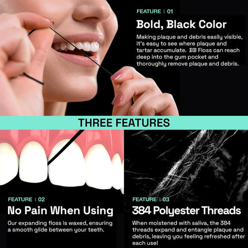 Brushmo Black Floss (BB Floss) Expanding Dental Floss, Deep Clean, Shred Resistant, Natural Microcrystalline Waxed, 1