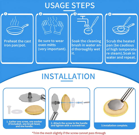 TOFAIRONM Kitchen Scrub Brush with Handle, Non-Scratch Extra Strong Cleaning Brush for Wok, Cast Iron, Pans, Oven