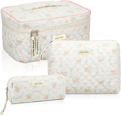 3 Pcs Quilted Makeup Bag, Large Floral Cosmetic Bag, Cute Kawaii Toiletry Pouch with Zipper for Women Gifts (Apricot