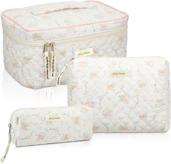 3 Pcs Quilted Makeup Bag, Large Floral Cosmetic Bag, Cute Kawaii Toiletry Pouch with Zipper for Women Gifts (Apricot