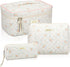 3 Pcs Quilted Makeup Bag, Large Floral Cosmetic Bag, Cute Kawaii Toiletry Pouch with Zipper for Women Gifts (Apricot