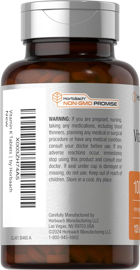Horbaach Vitamin K Supplement | 100mcg | 120 Tablets | Vegetarian, Non-GMO, Gluten Free