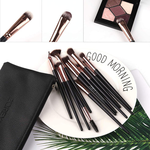 Z'OREYA 12 Pcs Professional Eye Makeup Brushes Set, Eyeshadow, Eyebrow, Blending, Fan, with Carrying Bag, Black