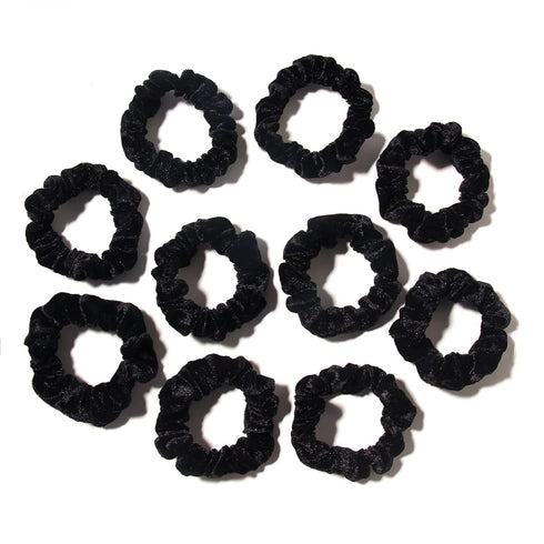 Pack of 10 Small Velvet Scrunchies - Mini Thin Elastic Hair Ties for Women Hair Accessories (Black)