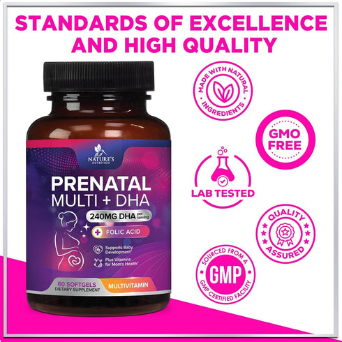 Women's Prenatal Multivitamin with Folic Acid + DHA, 60 Softgels for Fetal Support, Non-GMO