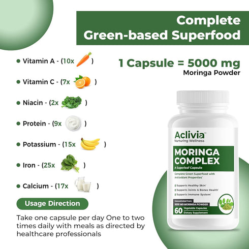 Moringa Complex with Oleifera Leaf & Seed Extract - Potent Strength 5000 mg per Serving, Green-Based Superfood