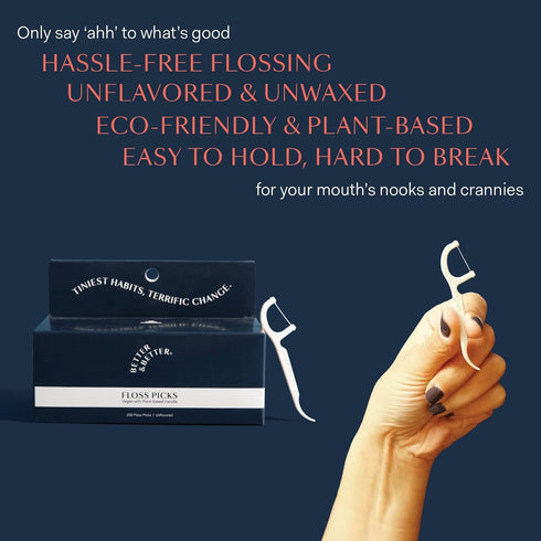 Better & Better Floss Picks, Box of 200, Unflavored Vegan Dental Floss Picks for Adults & Kids