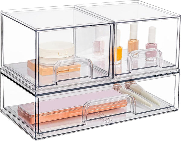 Vtopmart Stackable Storage Drawers Set of 3 - 12" Wide, 4.4'' Tall Clear Plastic Organizer Bins for Makeup, Beauty
