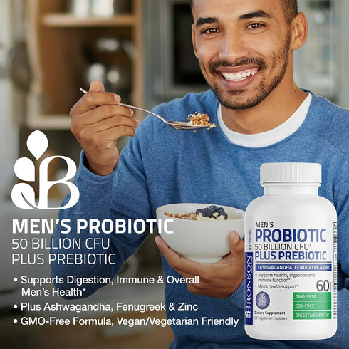 Bronson Men's Probiotic | 60 Vegetarian Capsules | 50 Billion CFU Plus Prebiotic with Ashwagandha, Fenugreek & Zinc,