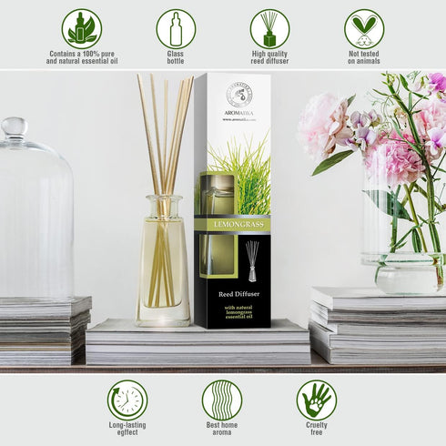 Lemongrass Diffuser with 3.4 Fl Oz Lemongrass Oil, Scented Reed Diffuser Gift Set for Aromatherapy, 0% Alcohol