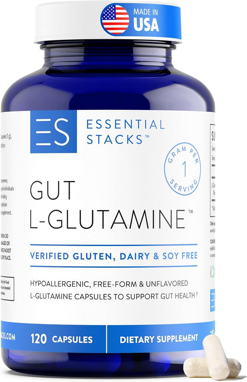 Essential Stacks Gut L-Glutamine Capsules 1000mg - Non-GMO for Gut Health, 60 Serves (120 Caps)