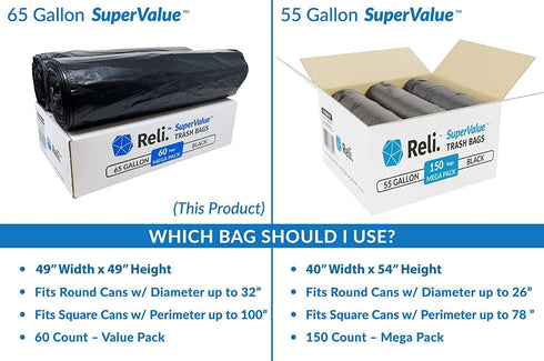 Reli. SuperValue 65 Gallon Heavy Duty Trash Bags | 60 Count | Made in USA | Black Multi-Use Garbage Bags