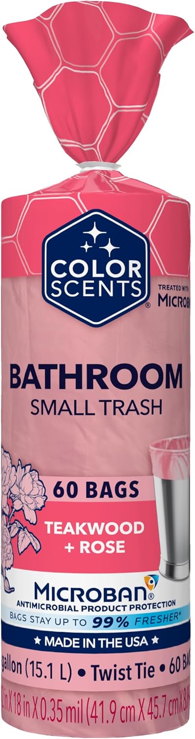 Color Scents Small Trash Bags, 4 Gallon, 60 Bags with Pink Teakwood + Rose Scent and Microban