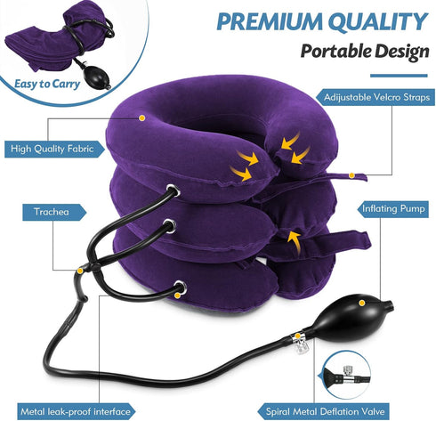 Neck Stretcher, Adjustable Cervical Traction Device for Neck Pain Relief, Inflatable Neck Brace for Home Use (Purple)