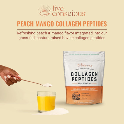 Live Conscious Collagen Peptides Powder - Peach Mango Flavored for Hair, Skin, Nail, & Joint Support, 30 Servings