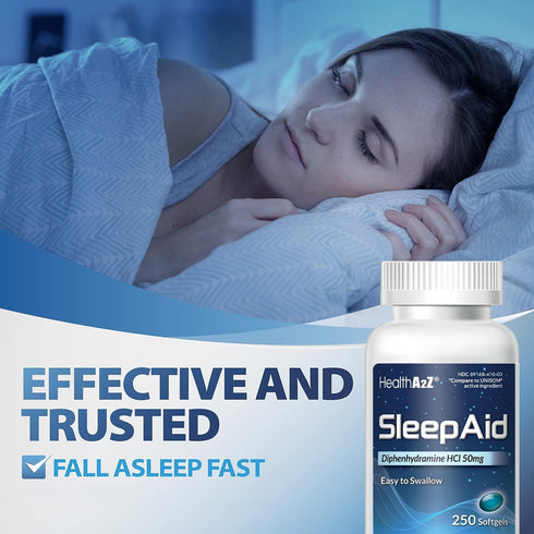 HealthA2Z 50mg, (250 Counts) Sleep Aid, Diphenhydramine Softgels, Supports Deeper, Restful Sleeping