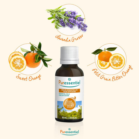 Puressentiel Diffusion Essential Oil - Naturally Derived Aromatherapy Blend - Formulated for Diffusion - Made with Beneficial Essential Oils - Eco-Friendly Products - Trip in Sicily - 1.01 oz