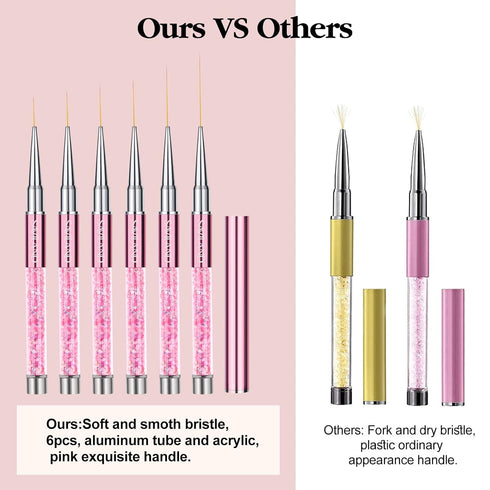 SAVILAND 6pcs Nail Art Liner Brushes Set, Gel Polish Painting Brushes with Crushed Diamond Handle for Nail Art Design