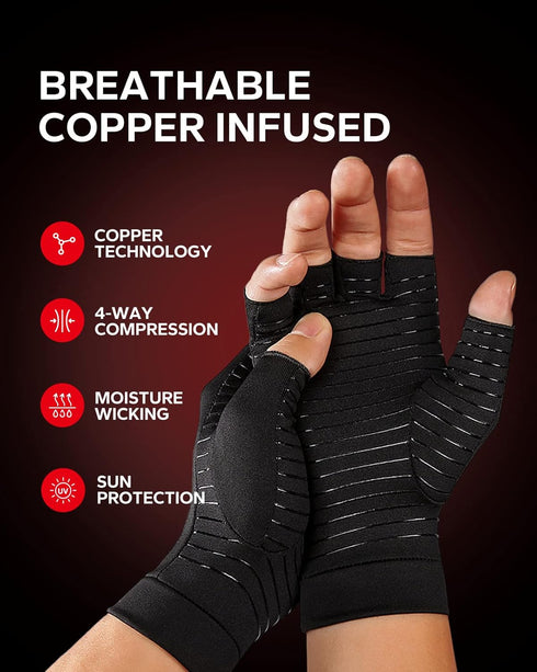 BraceBull Arthritis Gloves (1 Pair), Copper Infused Compression Gloves for Pain Relief for Women & Men