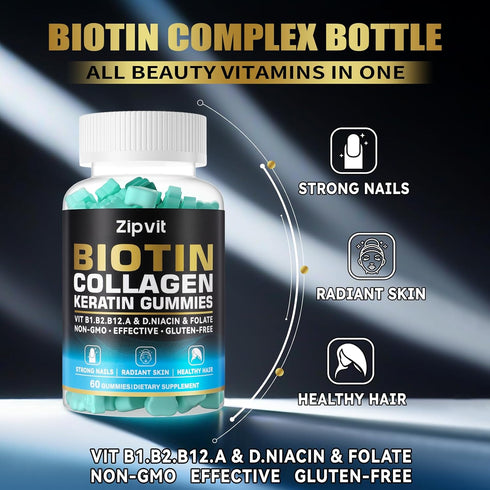 zipvit Gummies B1, B2, B3, B6, B7, 60 Gummy Biotin Collagen Hair Skin and Nails Vitamins for Women & Men Hair Growth