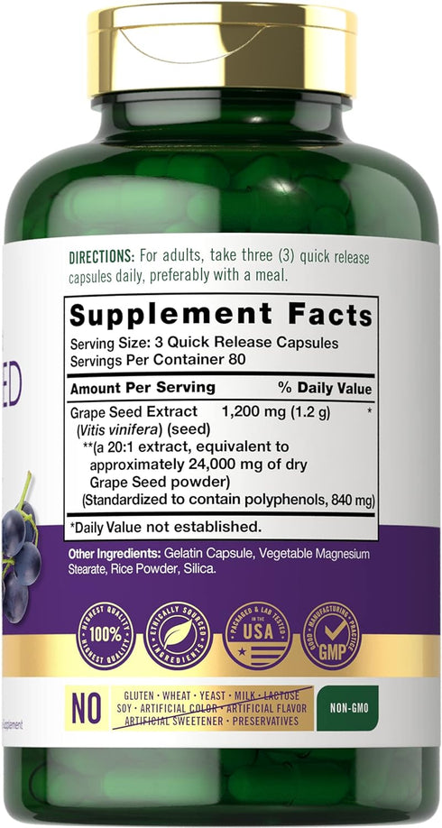 Carlyle Grape Seed Extract 24,000 mg Equivalent 240 Capsules | Maximum Strength Standardized Extract | Non-GMO, Gluten Free